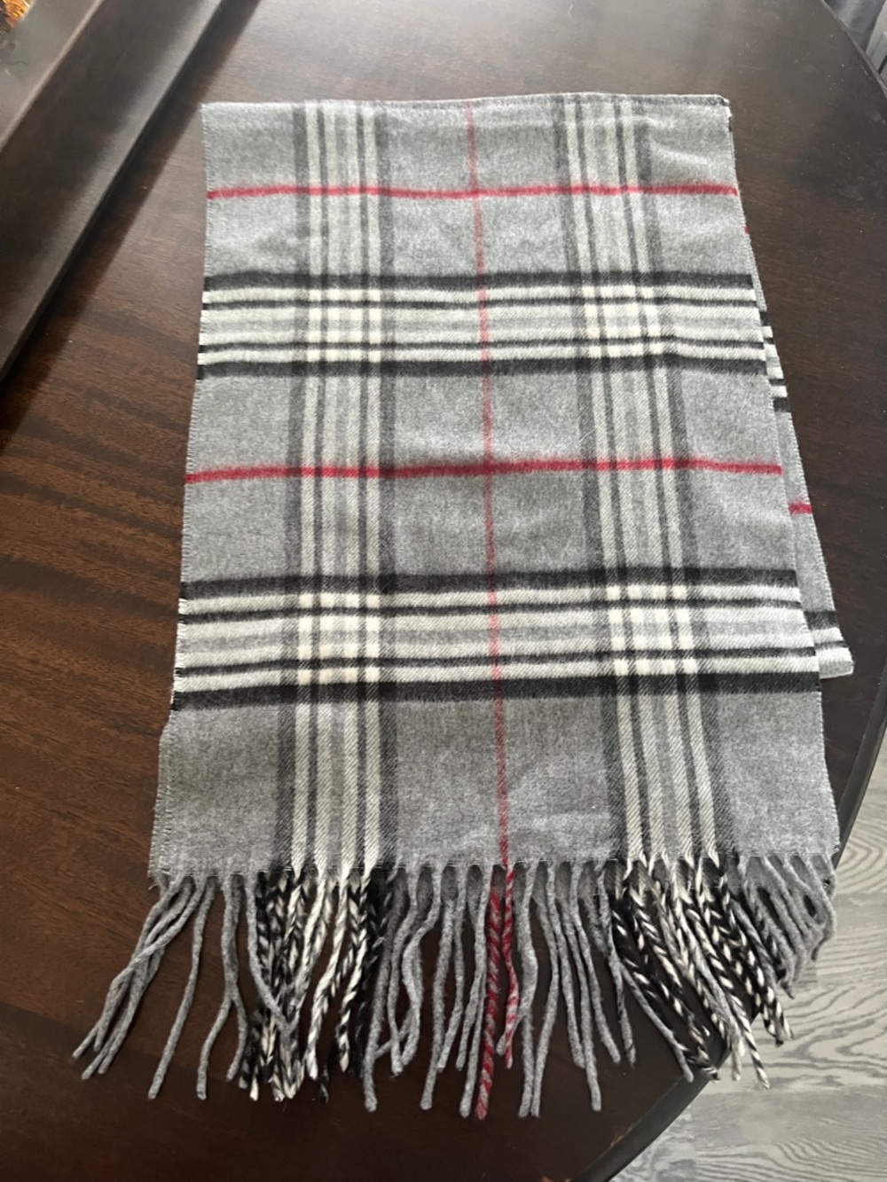 V. FRAAS Gray Plaid Scarf with Black and Cream Stripes
